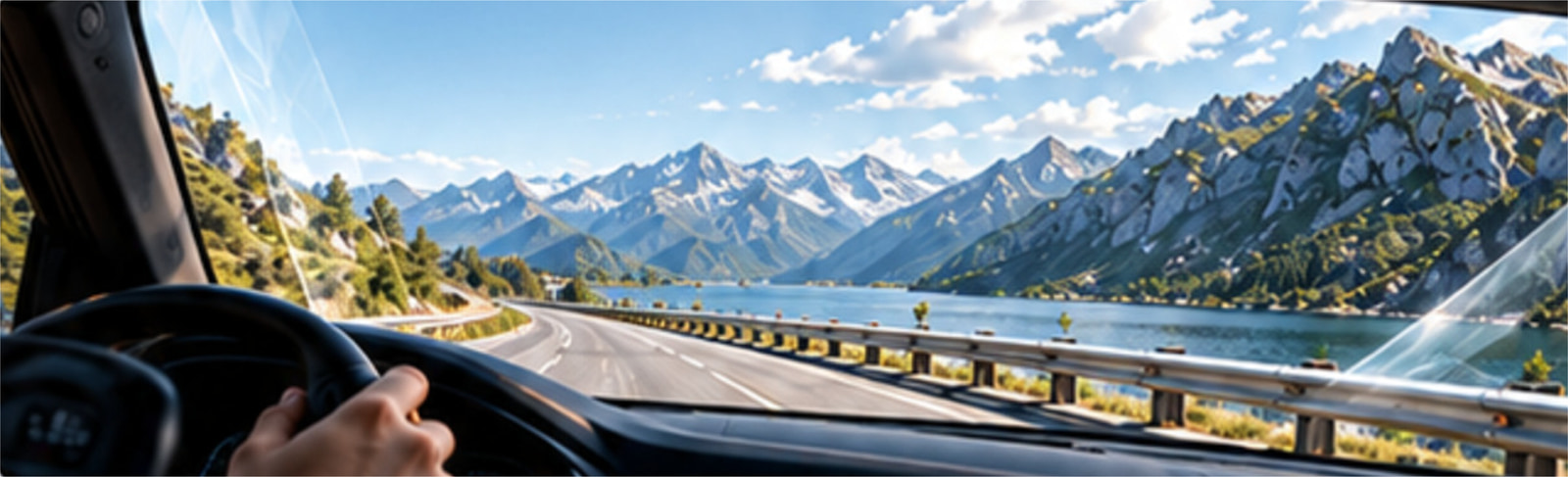 Mountains, a lake and a winding road seen clearly through the windshield